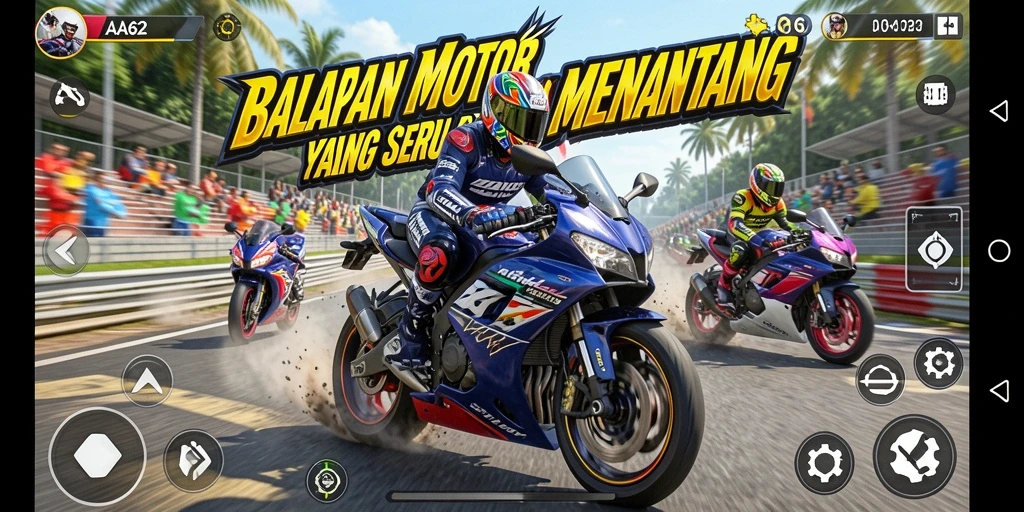 Gameplay seru balapan motor di AA62 dengan berbagai trek menantang.