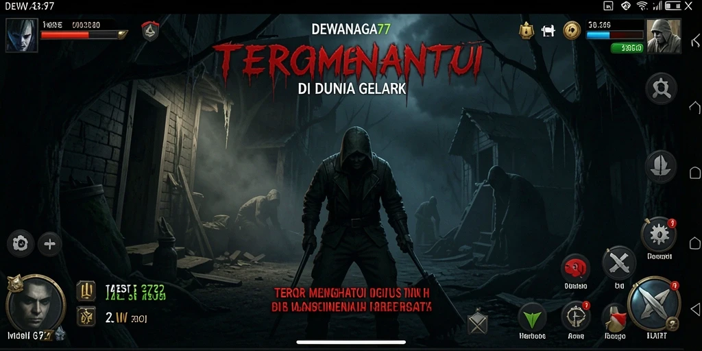 Screenshot gameplay DEWANAGA77 menunjukkan situasi mencekam dengan karakter sedang menghadapi teror.