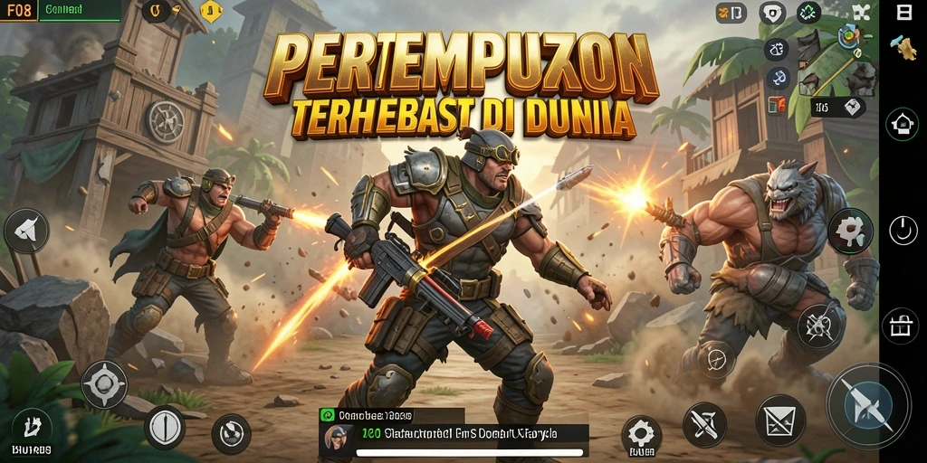 Tangkapan layar utama F08 menampilkan aksi seru dalam pertempuran Battle Royale.